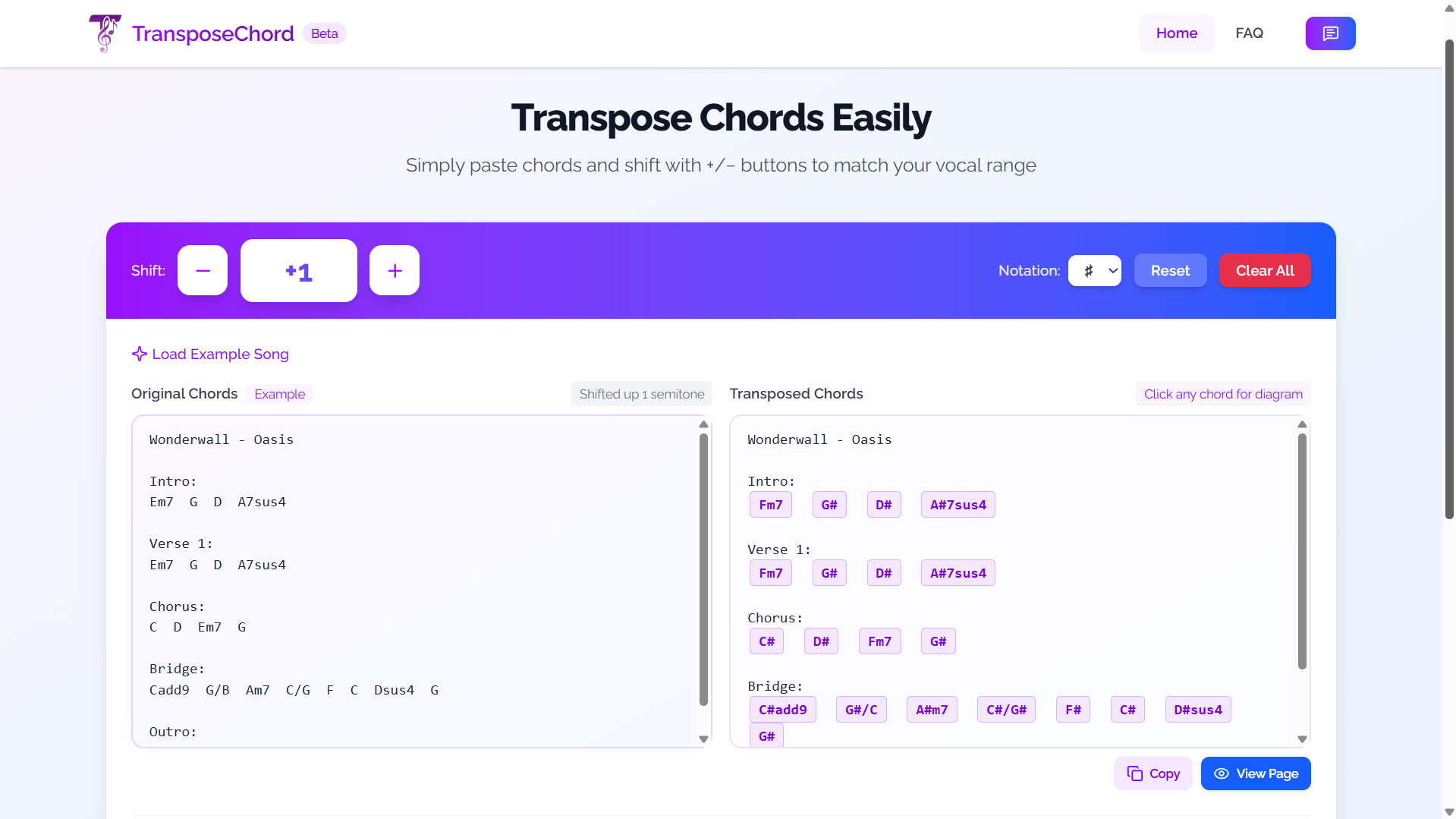 TransposeChord interface showing chord transposition in action